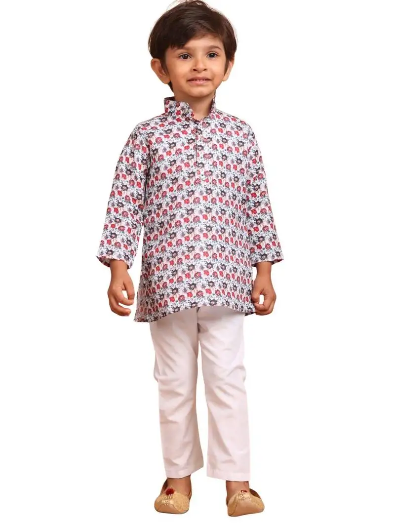 Boys cotton printed kurta suit - indeevar collection white