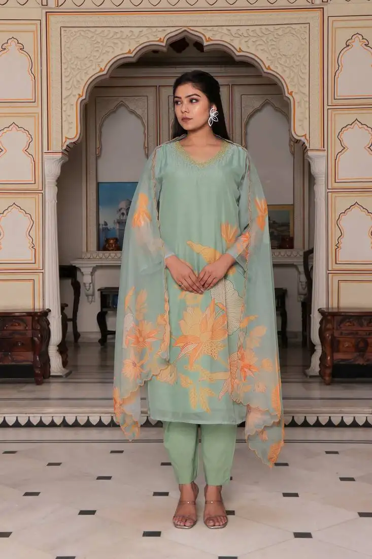 Women teal green tabby slik print & embroidered kurta pant & dupatta set