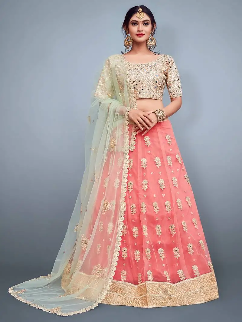 Pink dori sequins embroidered net lehenga choli