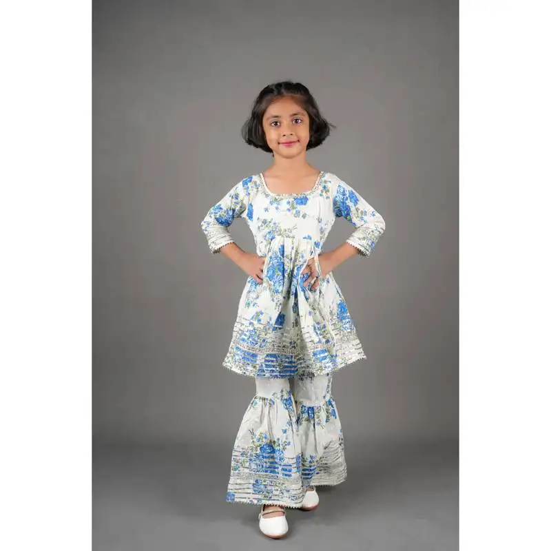 Aatya kiids blue flowers with white base gold embellished flower print sharara set