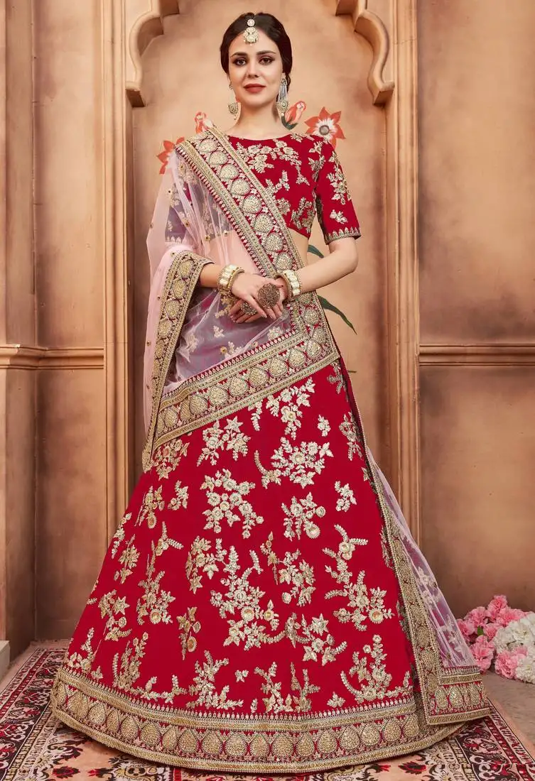 Mesmerizing red gold dori, matte sequins embroidered bangalory silk semi stitched wedding lehenga