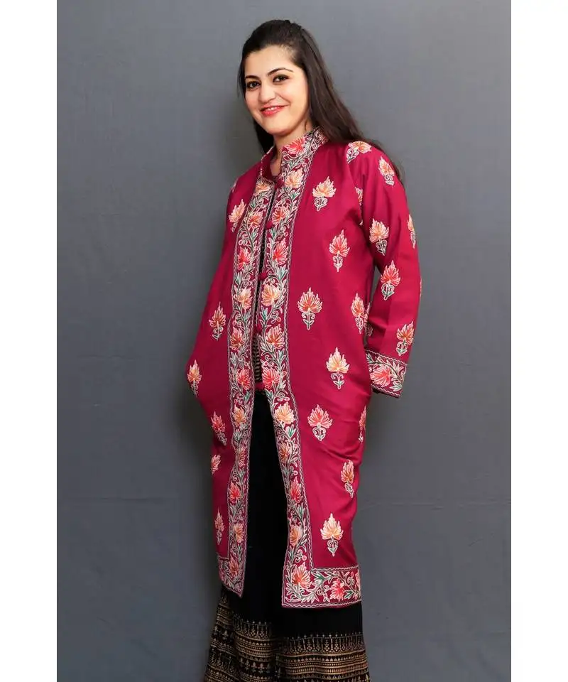 Mauve colour kashmiri aari work embroidered jacket with beautiful border and allover motifs.