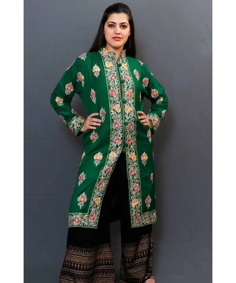 Bottlegreen colour kashmiri aari work embroidered jacket with beautiful border and allover motifs.
