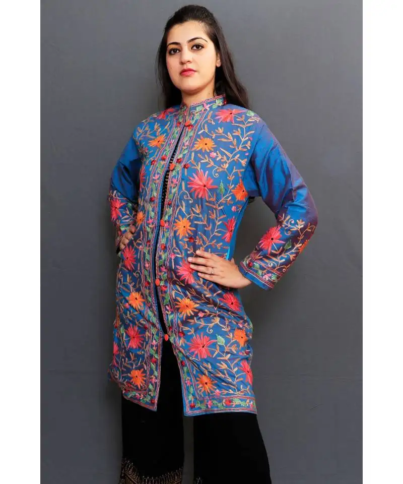 Blue colour embroidered jacket with beautiful aari jaal gives elegance to the wearer.