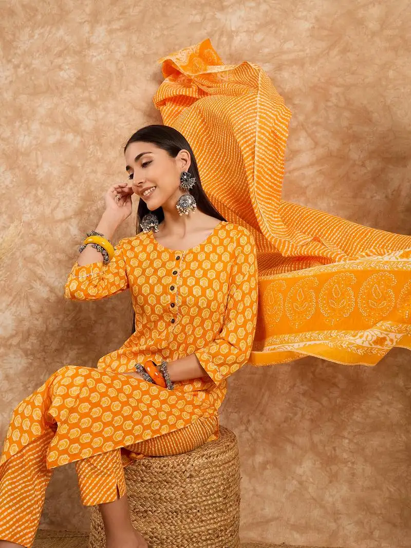 Yellow printed pure cotton straight kurti pant and dupatta set