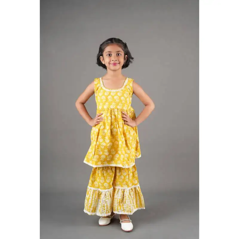 Aatya kiids yellow printed sleeveless kurta with gota work with sharara