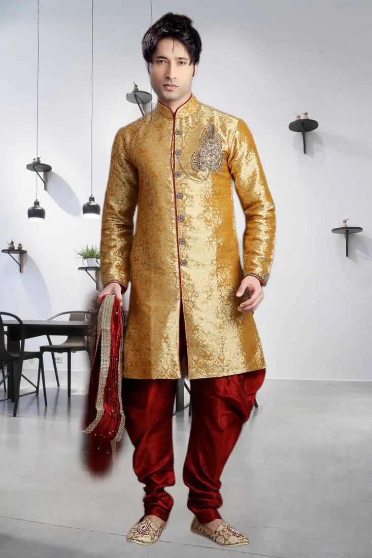 Gold woven jacquard stitched sherwani