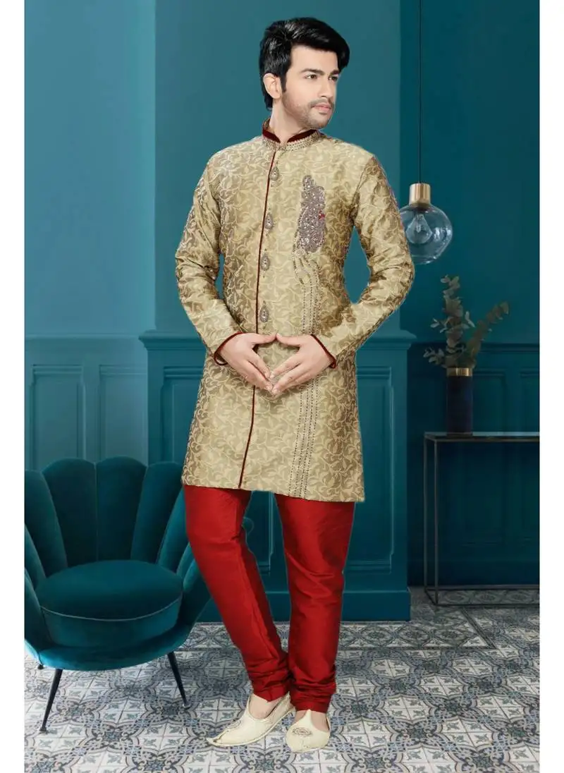 Brown embroidered jaquard stitched sherwani