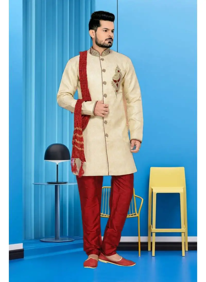 Gold embroidered jacquard stitched sherwani