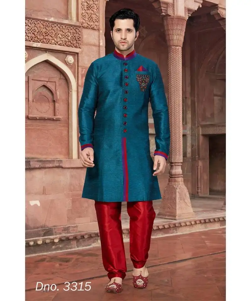 Turquoise art silk embroidered stone work sherwani