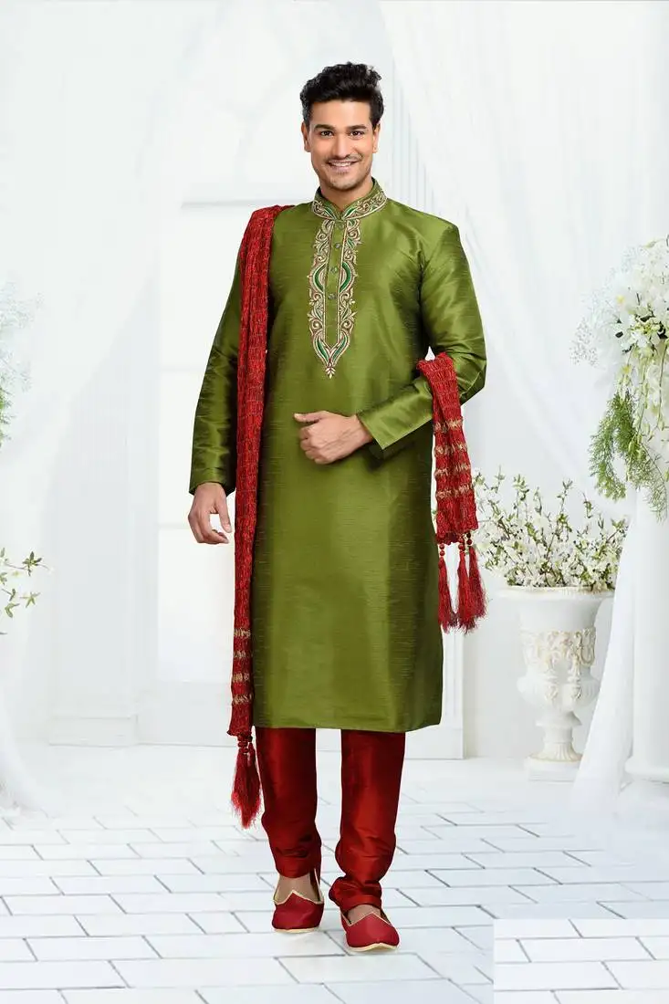 Green dupion silk traditional kurta pajama