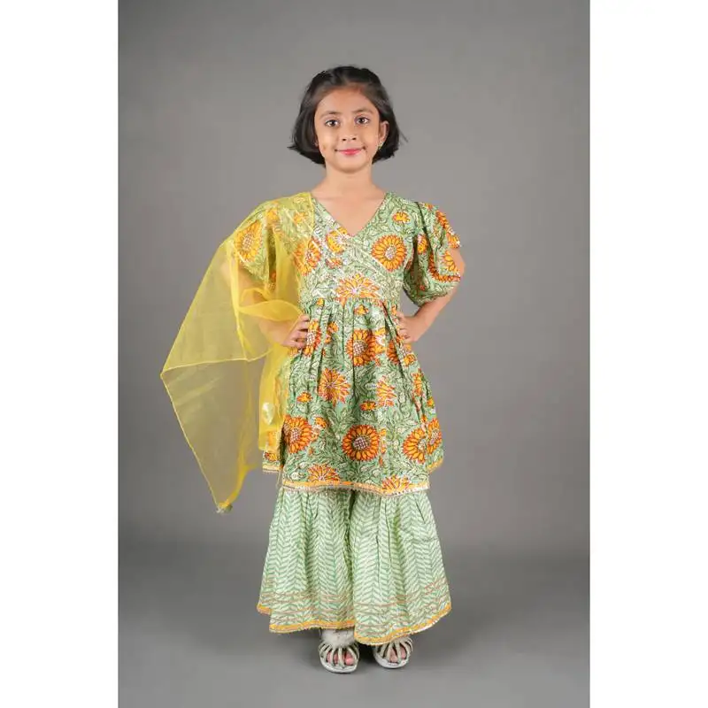 Aatya kiids dark green kurta have gota embellishment with short sleeves kurta with sharara and dupatta