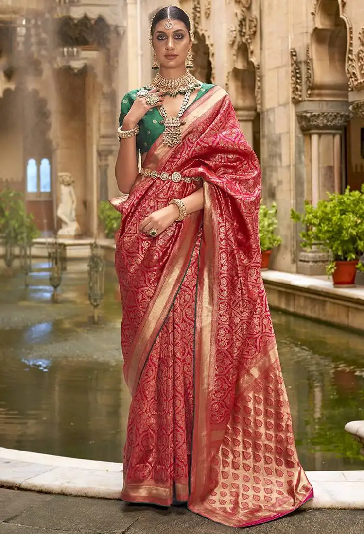 Banarasi silk blend jacquard red classic saree with unstiched blouse