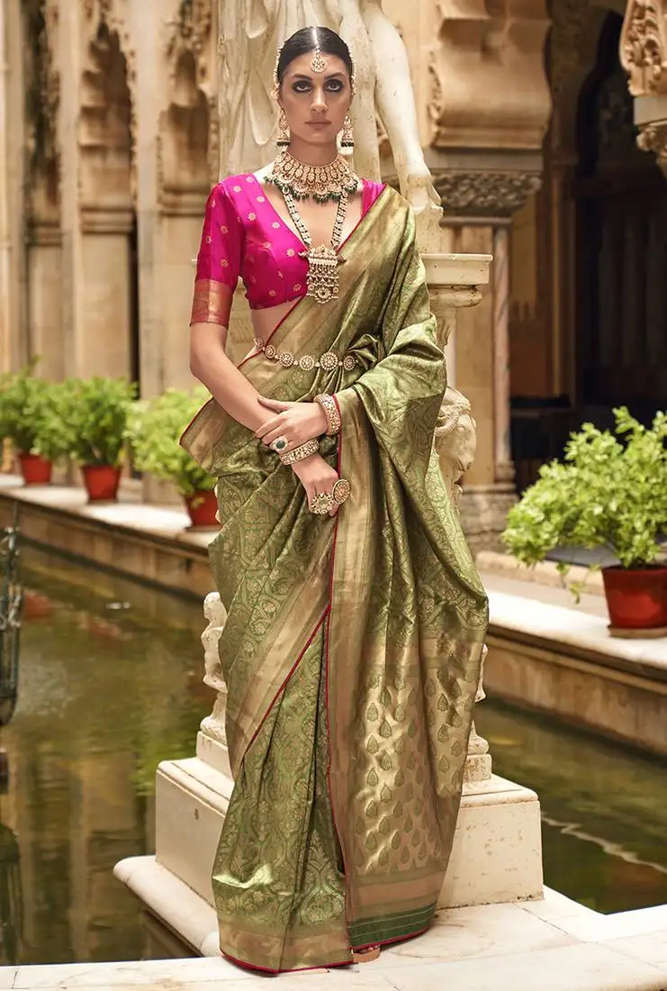 Jacquard olive banarasi silk blend classic saree with unstiched blouse