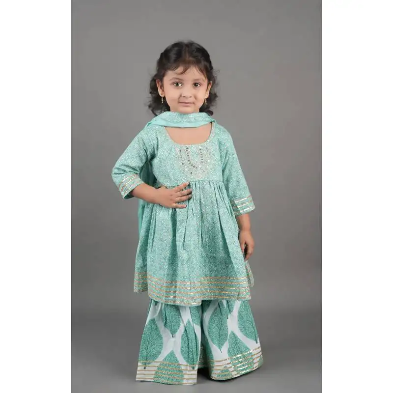 Aatya kiids green long sleeves kurta with pan printed sharara