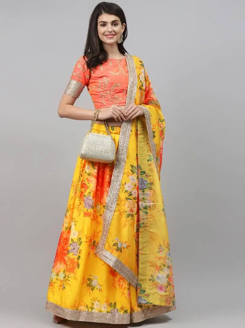 Yellow colored floral print embroidered organza wedding designer lehenga choli set