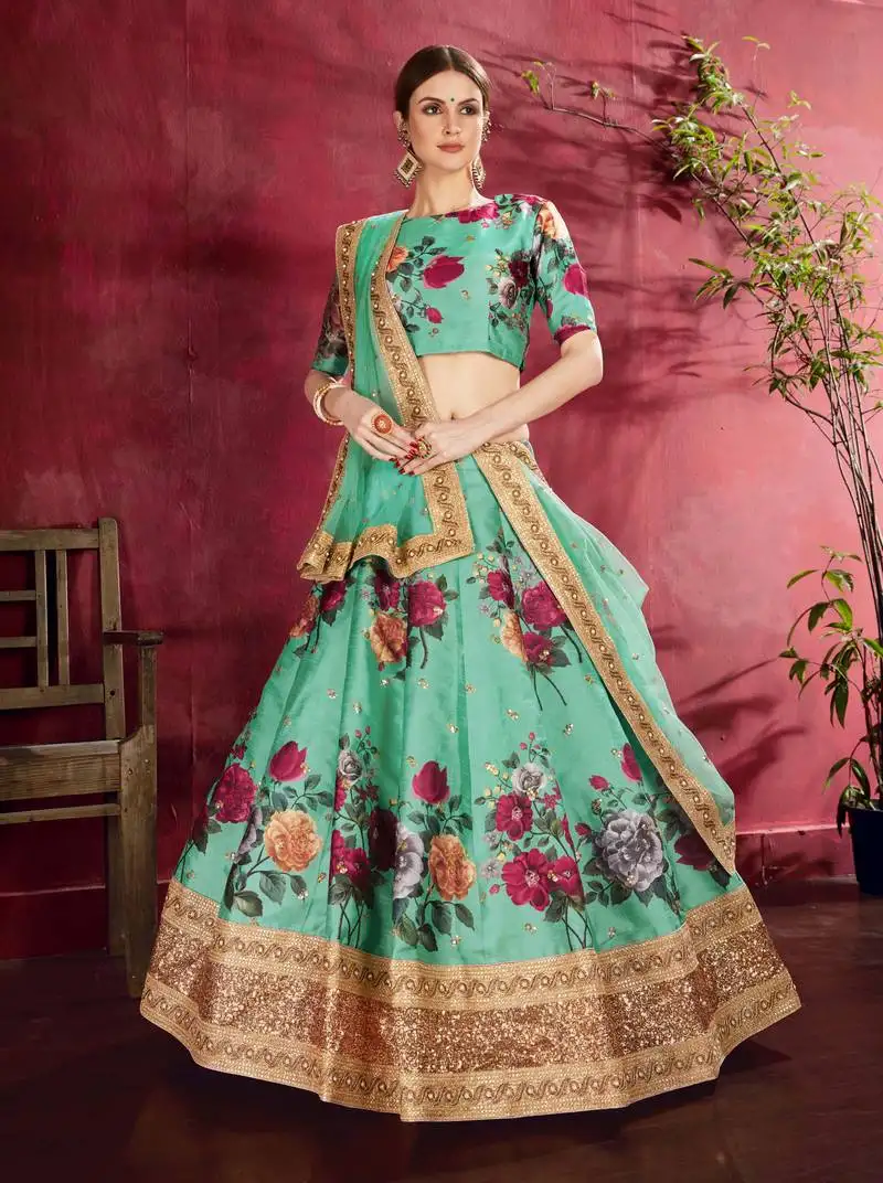 Green pearl dori and sequins embroidered art silk designer lehenga choli for wedding