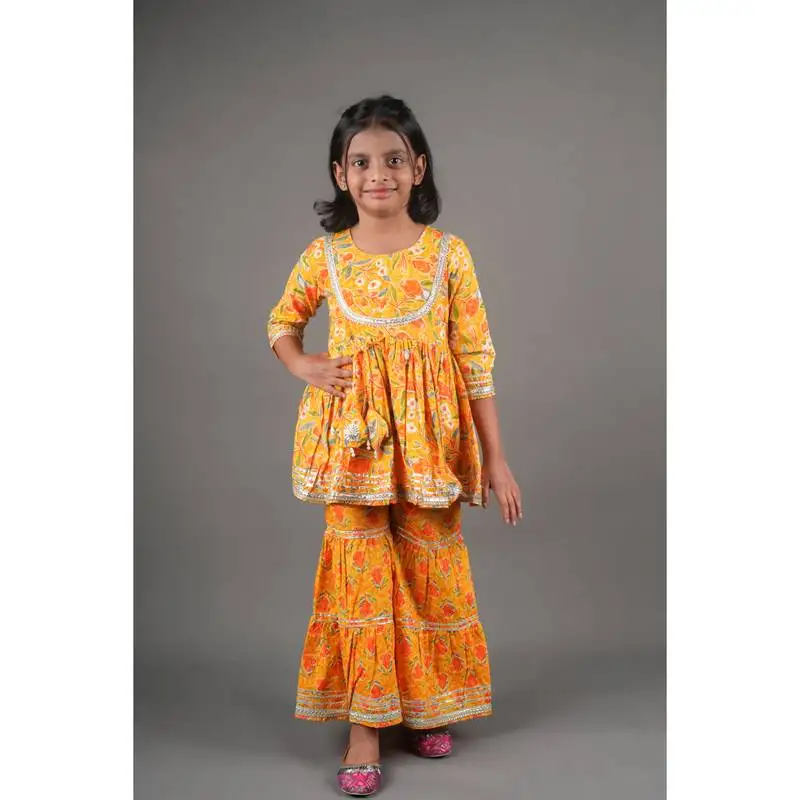 Aatya kiids yellow gathered gota worked top with sharara