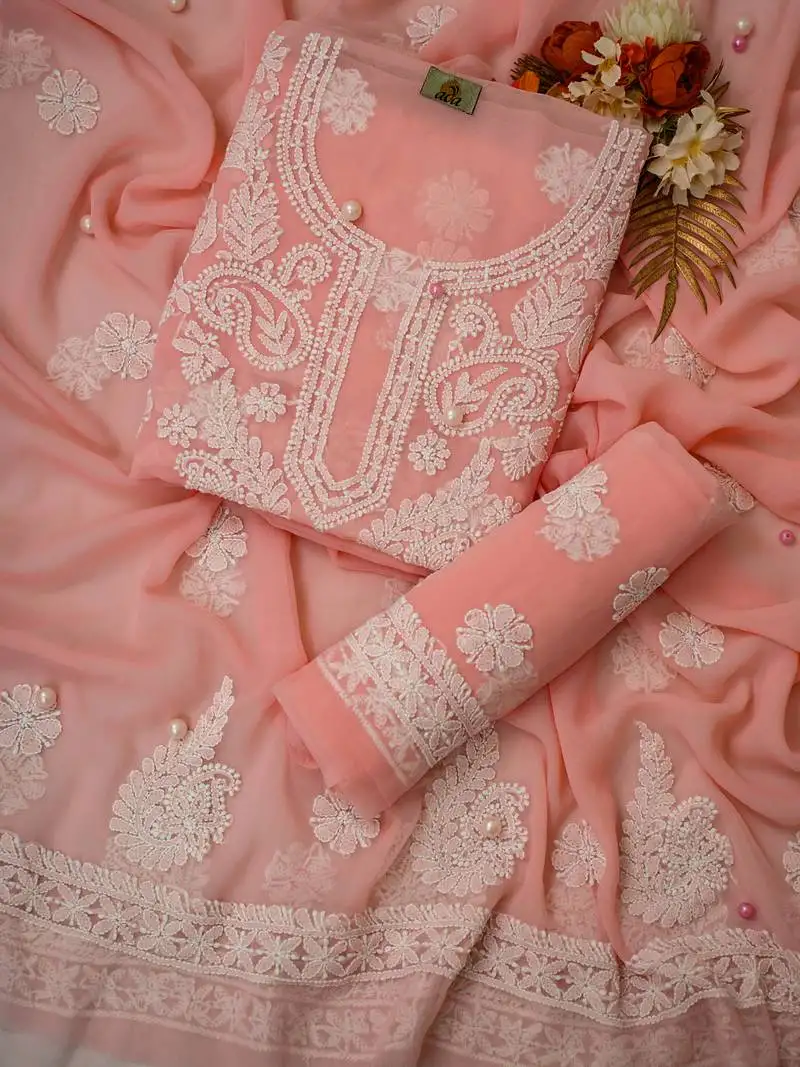 Hand embroidered peach georgette lucknowi chikankari unstitched suit piece