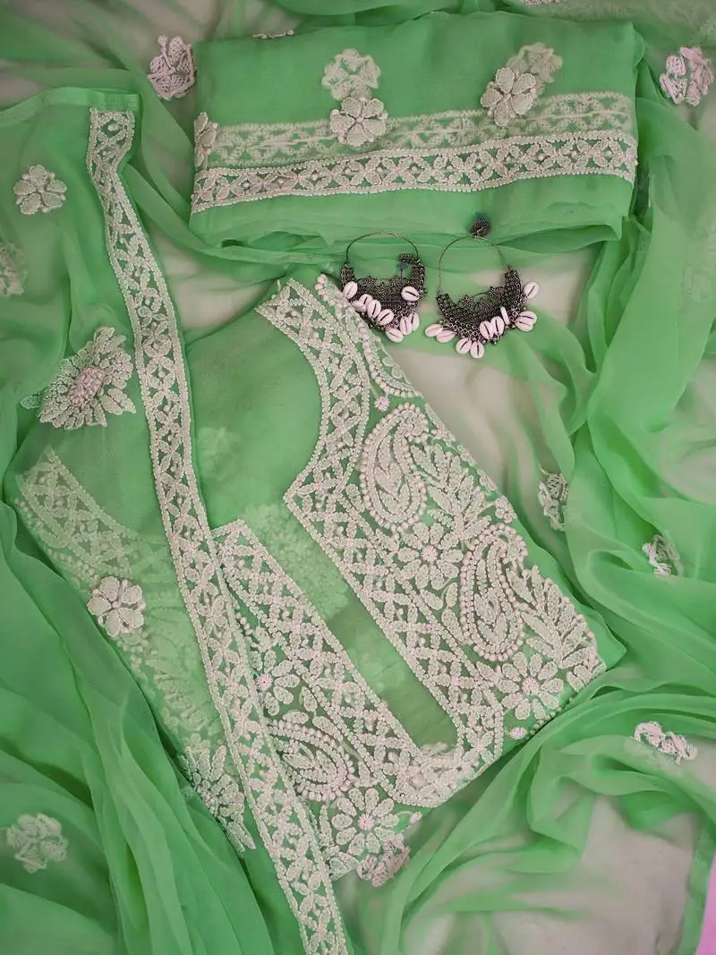 Hand embroidered green georgette lucknowi chikankari unstitched suit piece