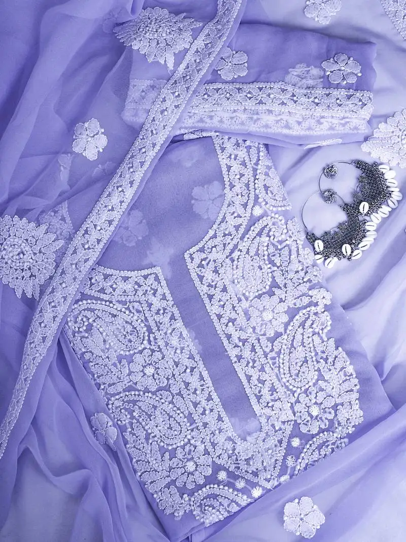 Hand embroidered mauve georgette lucknowi chikankari unstitched suit piece