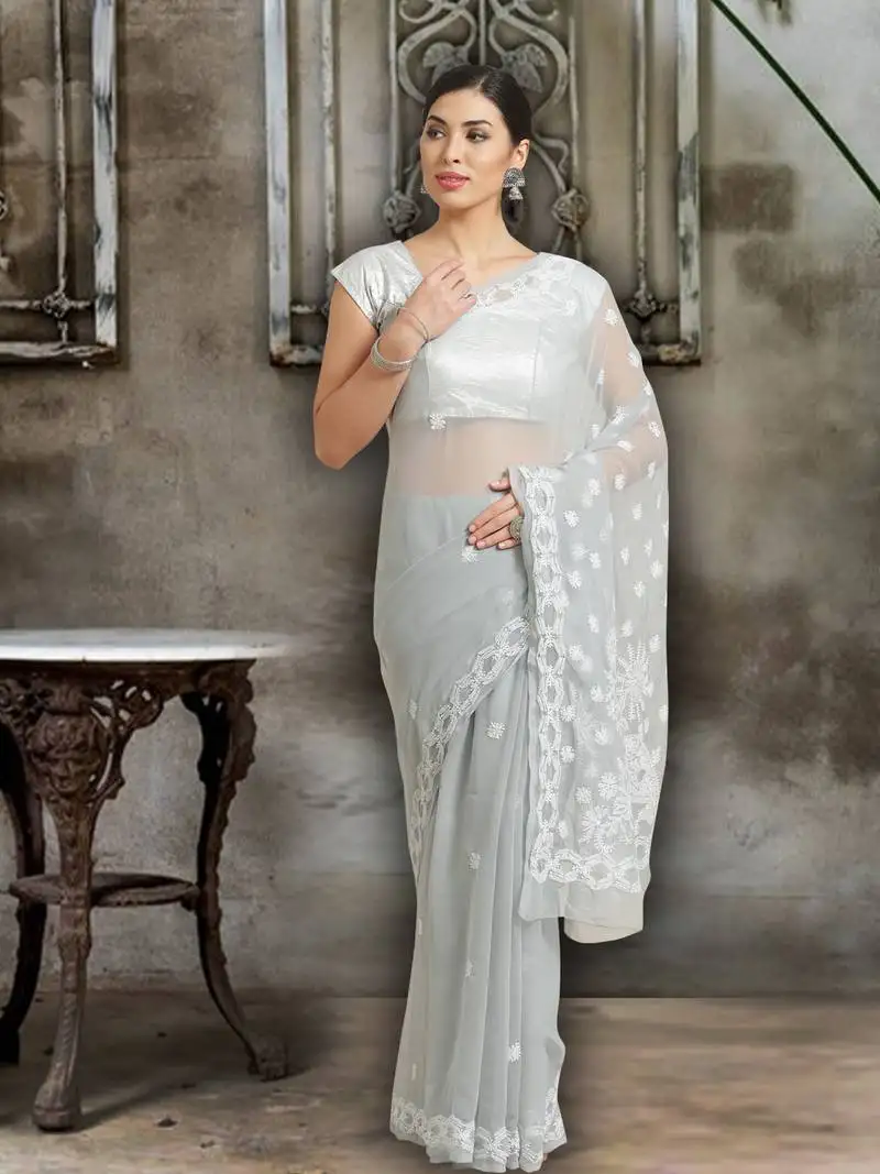 Grey hand embroidered faux georgette lucknowi chikankari indian women saree with blouse