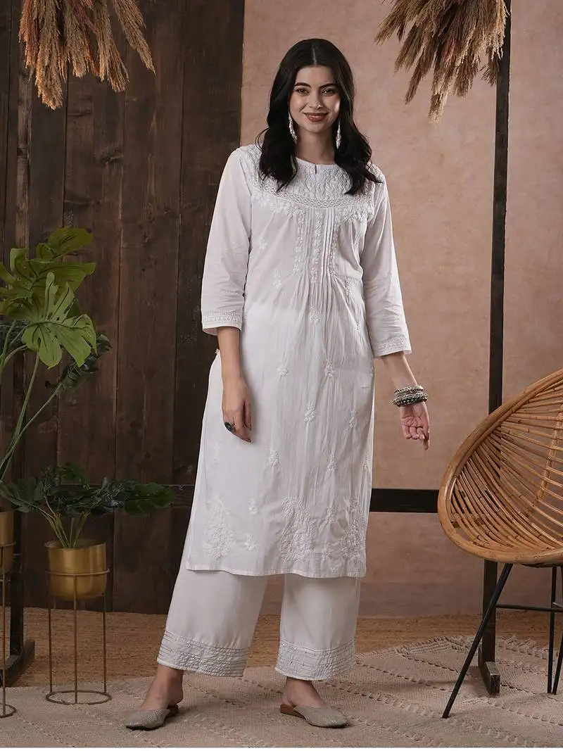 Hand embroidered white cotton lucknowi chikankari indian women kurta