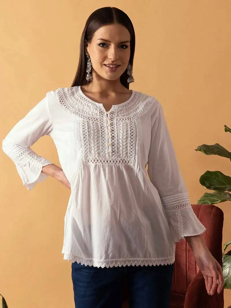 Hand embroidered white cotton lucknowi chikankari indian women short top