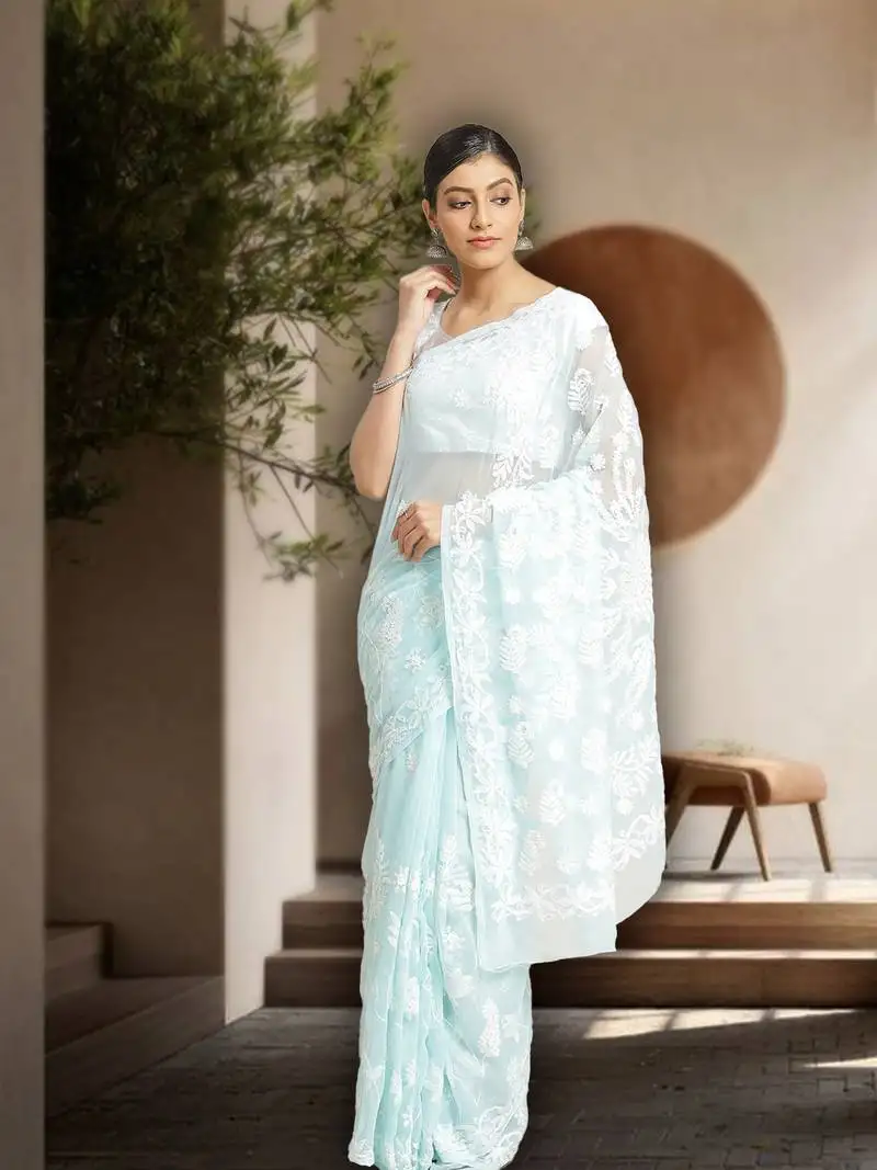 Women blue hand embroidered faux georgette lucknowi chikankari saree with blouse