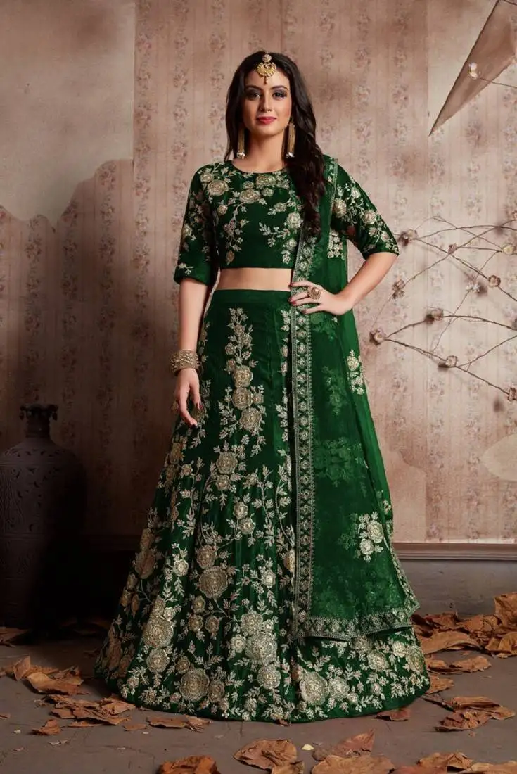 green dori and sequins embroidered semi velvet semi stitched lehenga choli for bridal