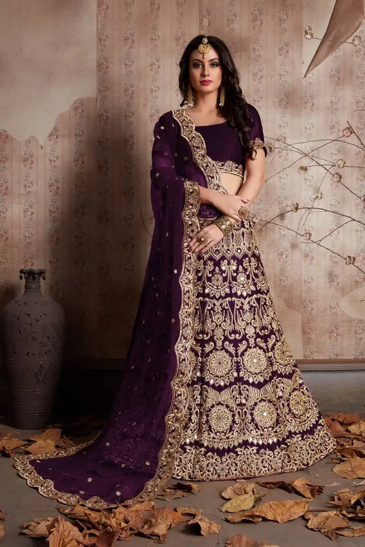 Wine sequins embroidered semi velvet lehenga choli for wedding