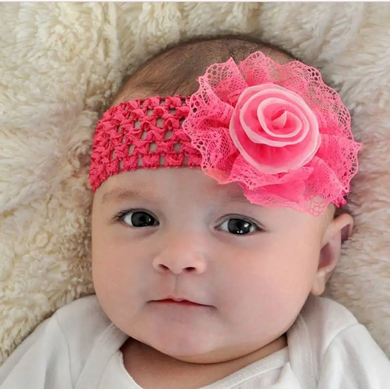 Akinoskids infant girls flower chiffon lace yard knitting hair weave crochet baby newborn fuschia pink soft headband