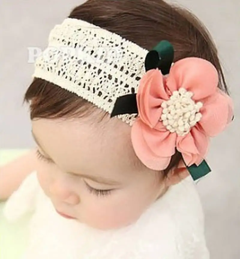 Akinoskids elegant peach lace and linen chiffon flower newborn babygirl soft headband