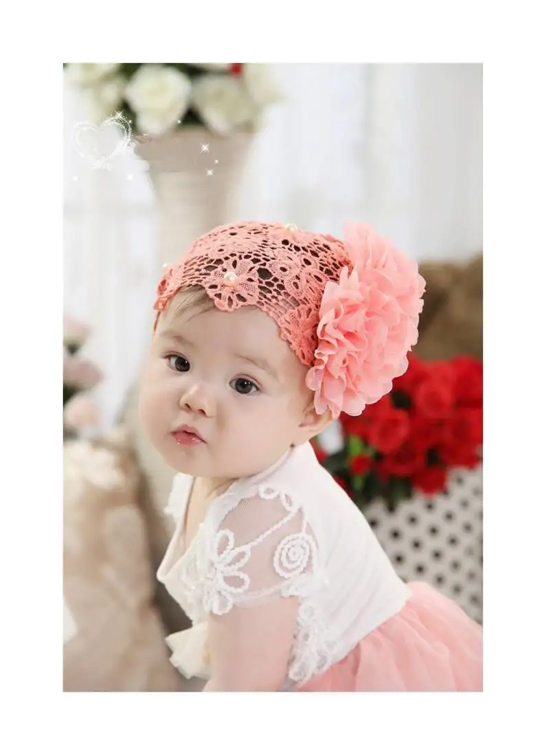 Akinoskids hollow pearl double chiffon watermelon flower princess engraving newborn soft headband