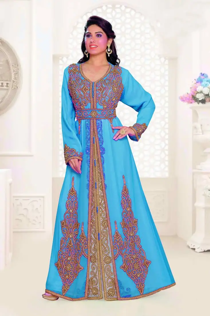 Cyan & inner white color luxurious full sleeves handmade moroccan kaftan.