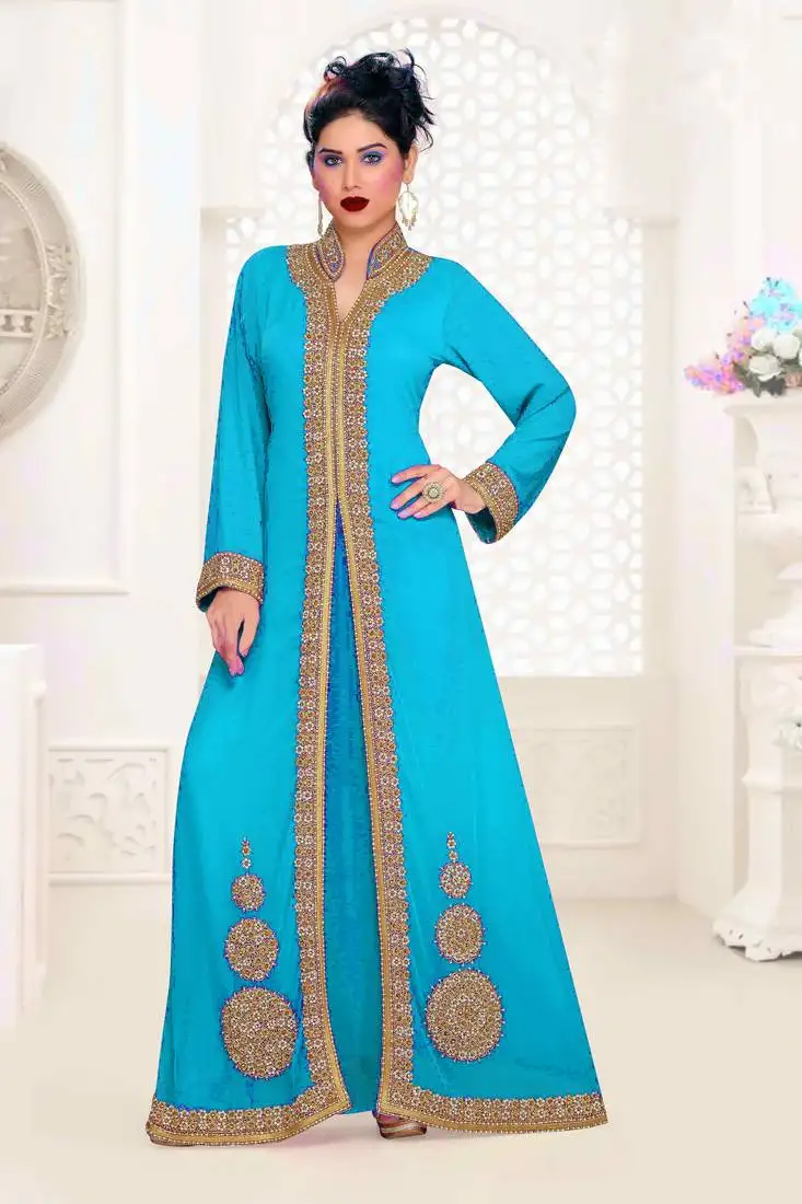 Cyan georgette embroidered zari work islamic clothing