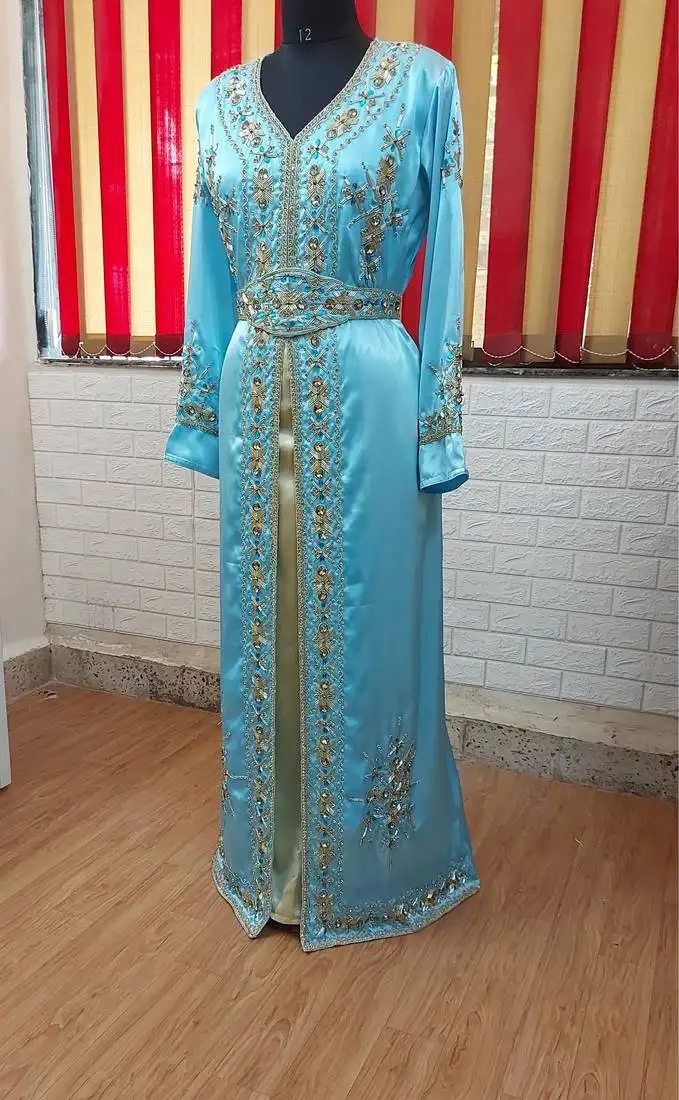 Cyan inner light gold color luxurious full sleeves handmade moroccan kaftan.