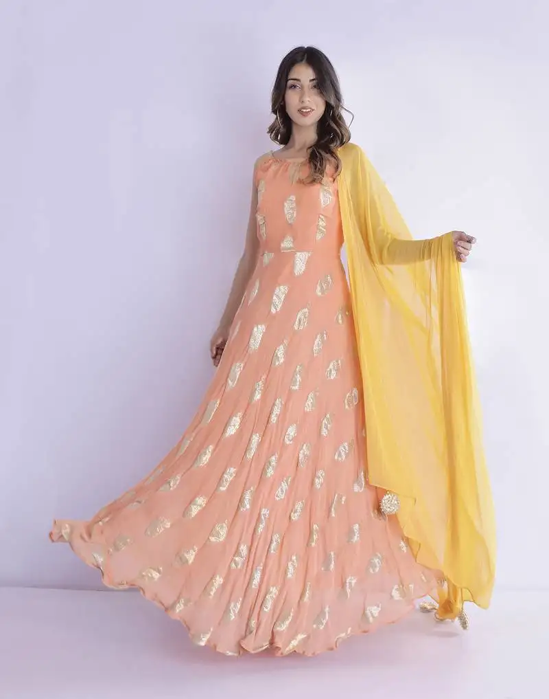 Tangerine anarkali with tasseled dupatta