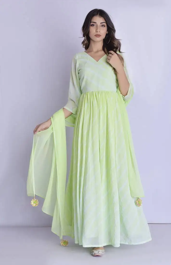 Lime green leheriya angrakha dress with dupatta