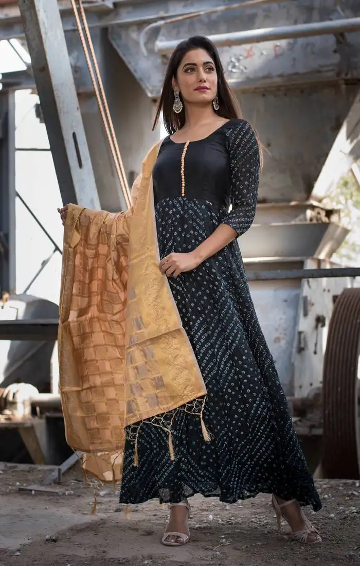 Black bandhani print anarkali with golden dupatta