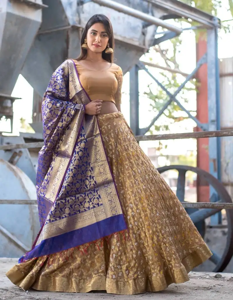 Beige woven art silk bandhani readymade lehenga cholis