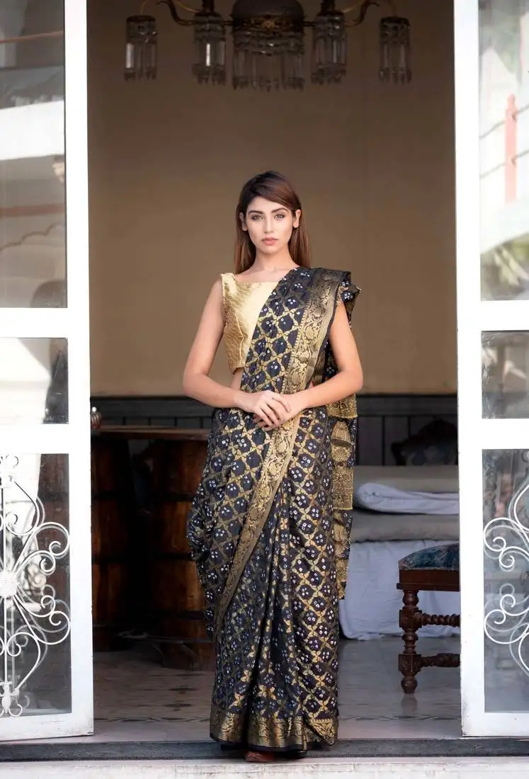 Black art silk zari saree with border
