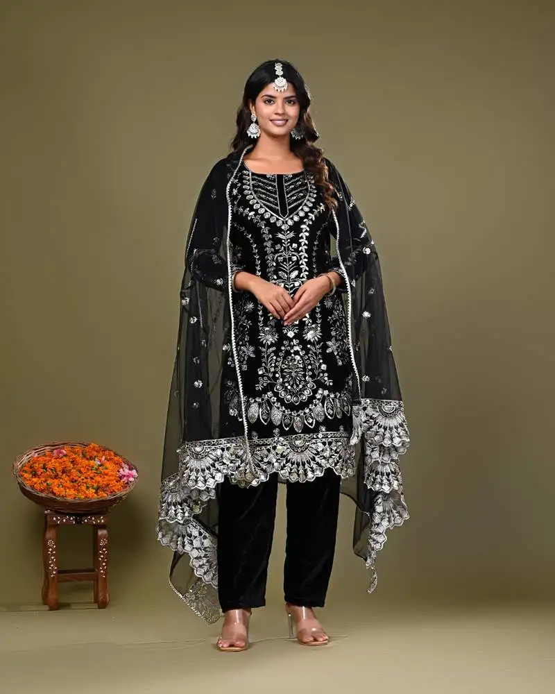 Black velvet kurta set with heavy embroidery and sequins