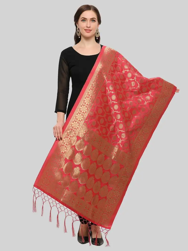 Light red banarasi silk blend zari woven dupatta