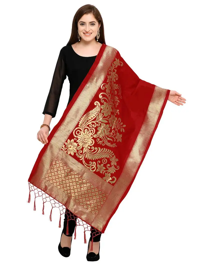 Red banarasi silk blend zari woven dupatta