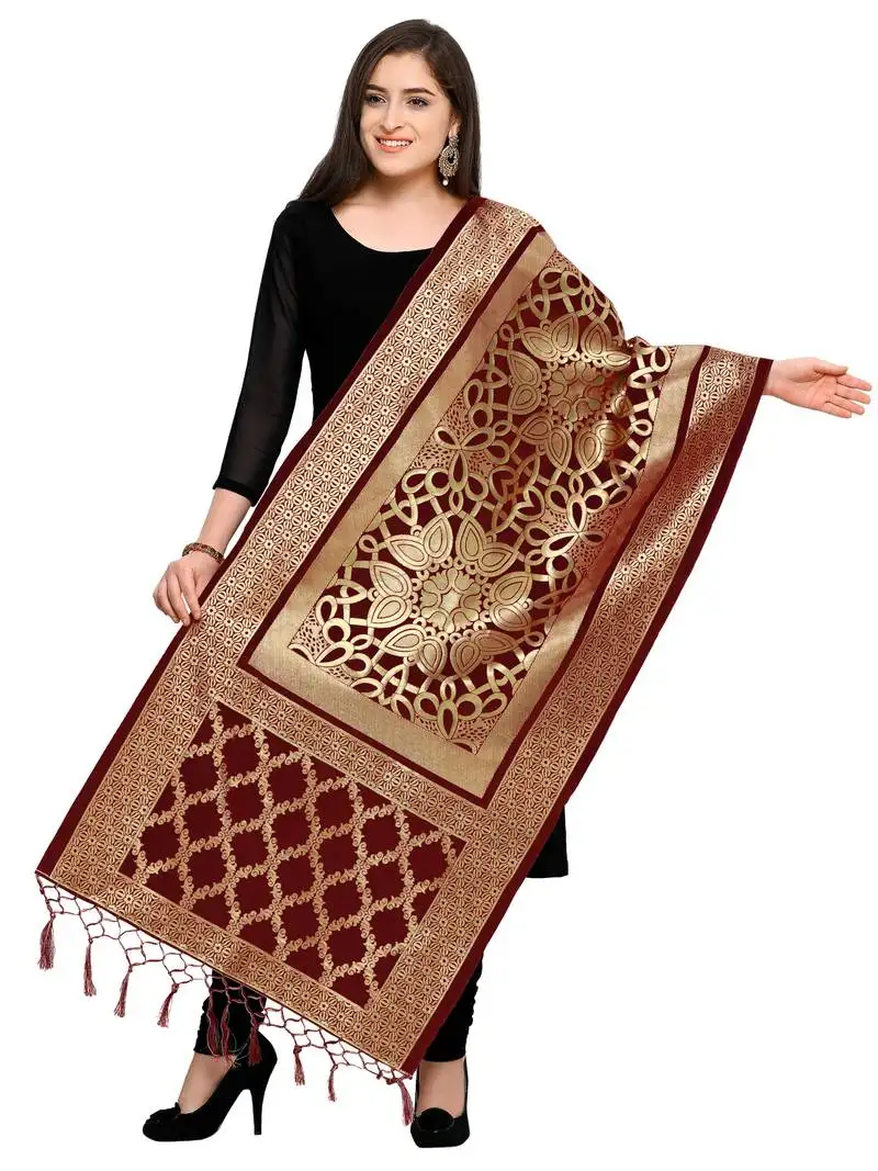 Maroon banarasi silk blend zari woven dupatta