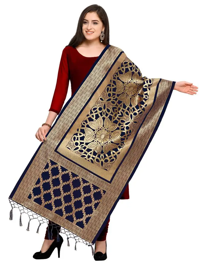 Navy banarasi silk blend zari woven dupatta
