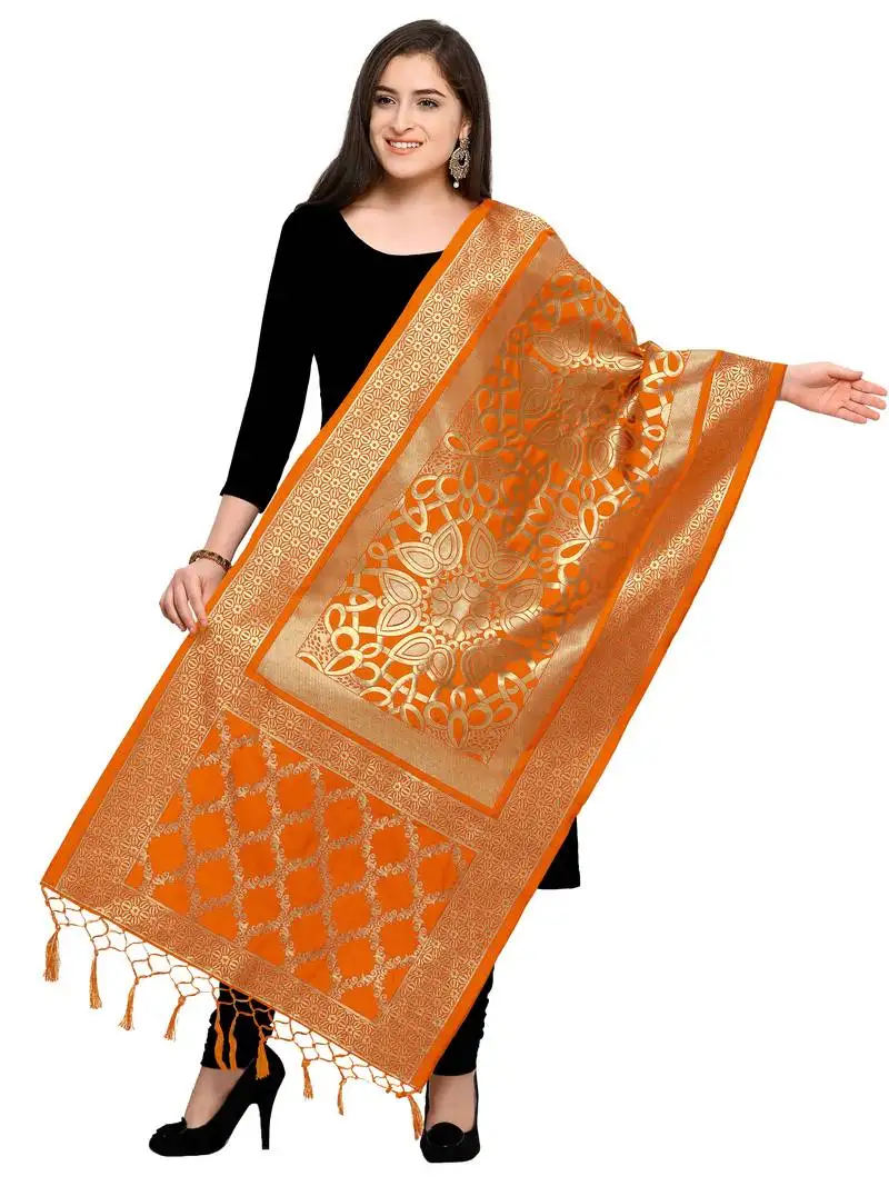 Orange banarasi silk blend zari woven dupatta
