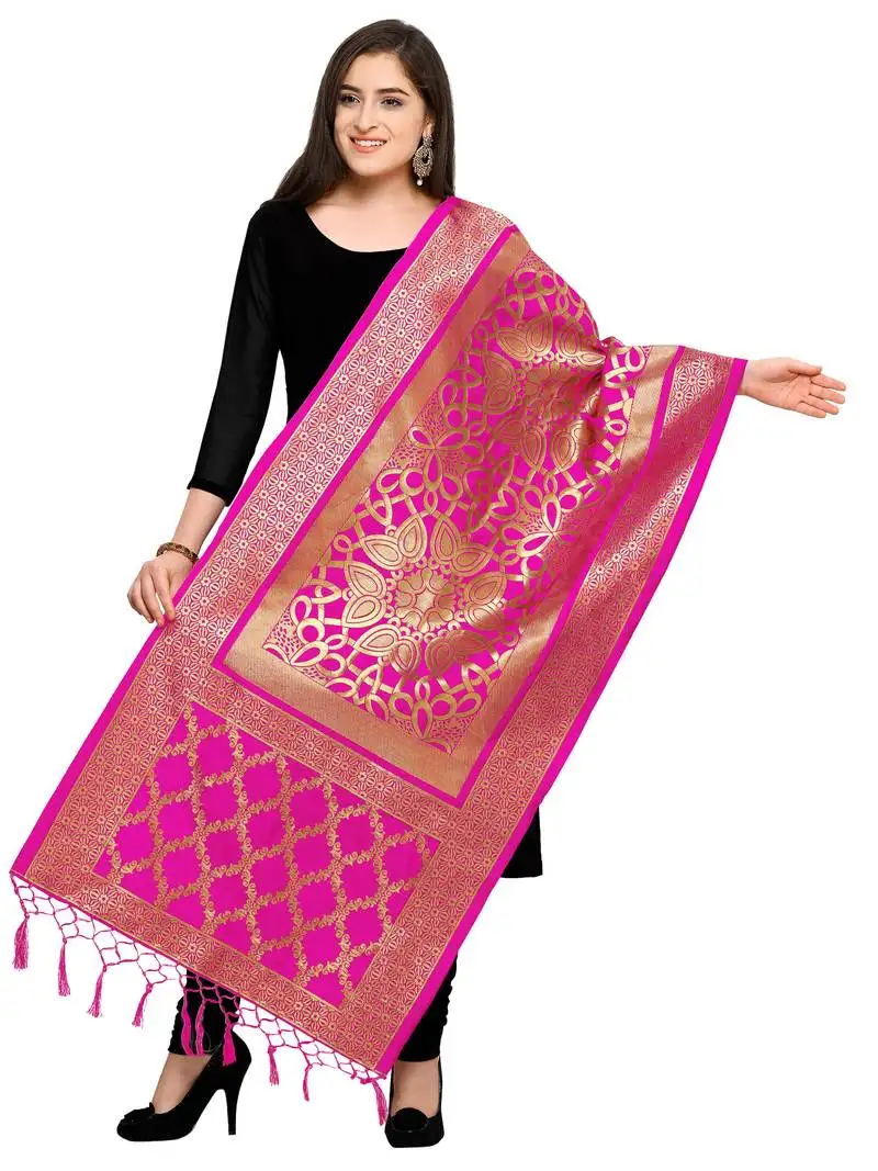 Pink banarasi silk blend zari woven dupatta