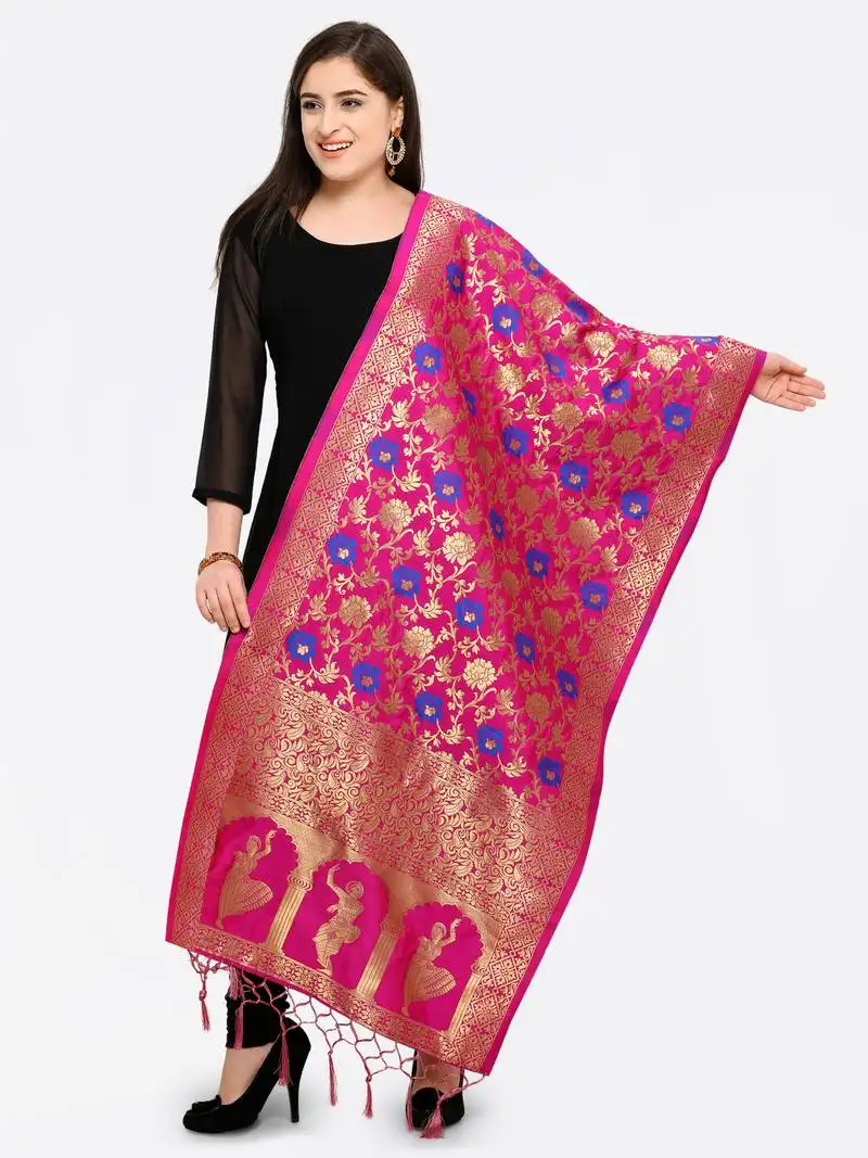 Pink banarasi art silk dupatta with golden zari work